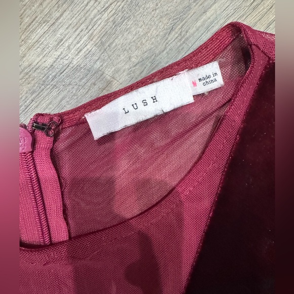 Lush Romper Womens medium Red Velvet Short Long Sleeve Mesh Deep V Fitted - Picture 2 of 4